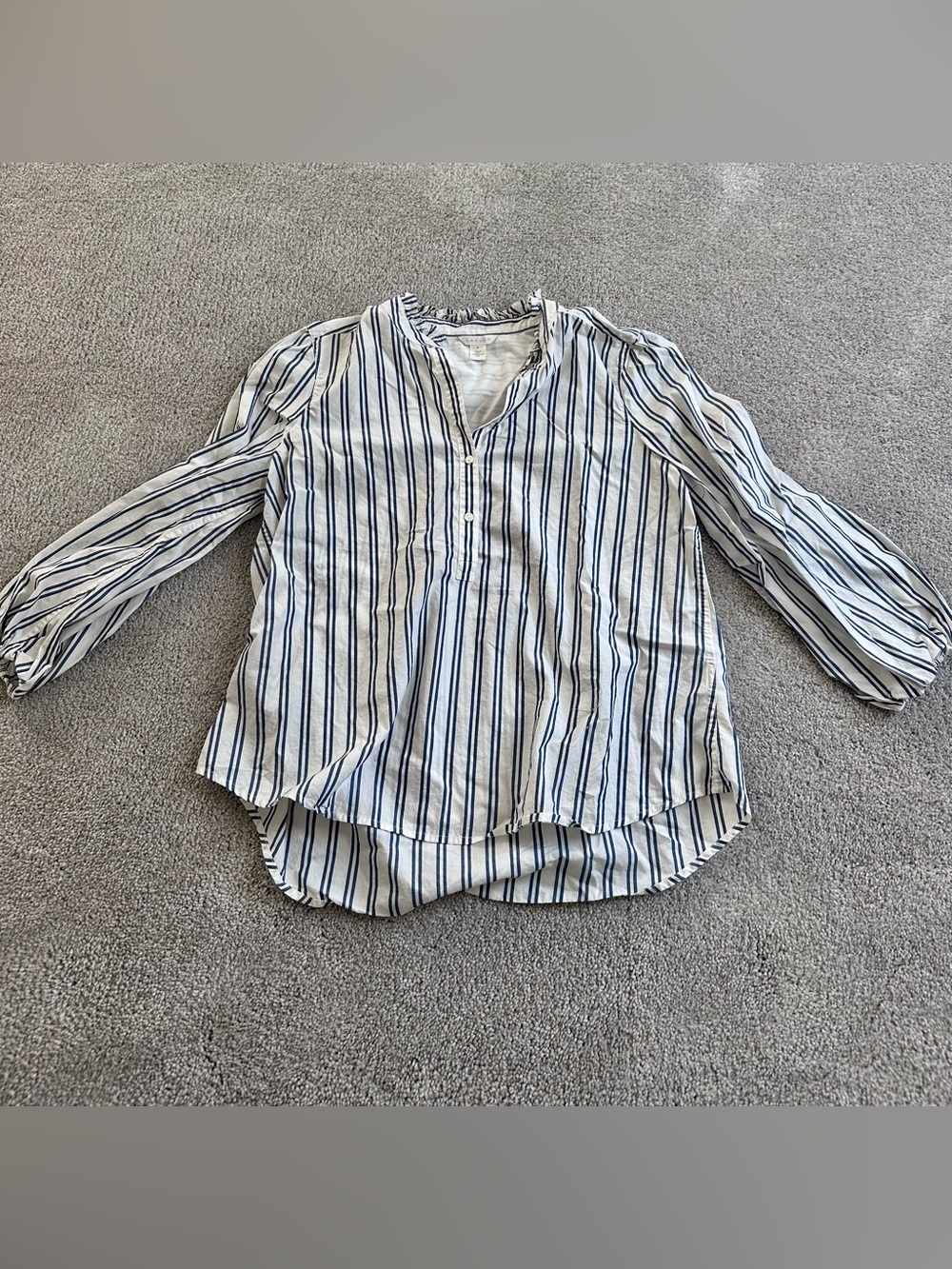 Caslon Striped V-Neck Popover Blouse in White and Navy